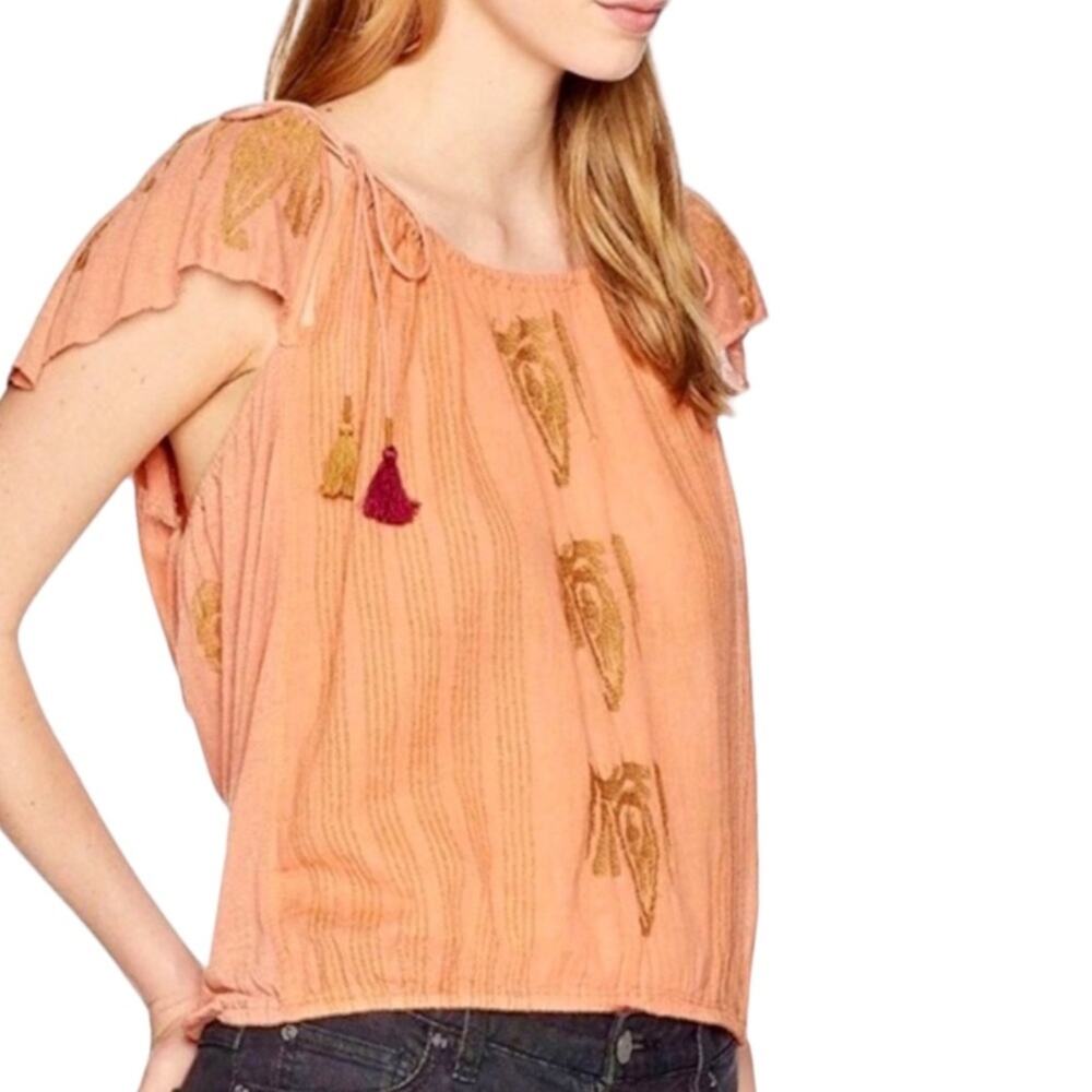 Free People Embroidered Peasant Top in Coral (Orange) with Gold & Burgundy XS